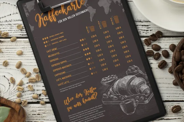 Model pentru crearea de meniuri de cafea pentru editare în InDesign, Photoshop și Word.