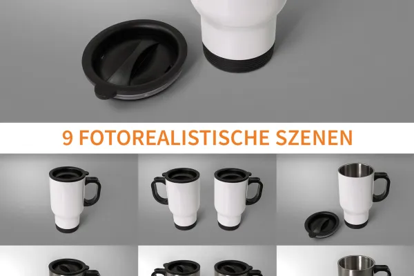 9 Photoshop-Mockups für Thermobecher, Thermotassen mit verschiedenen Hintergründen