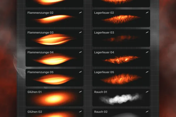 Procreate-Pinsel zum Zeichnen von Feuer mit Flammen-, Glüh-, Rauch- und Funken-Effekten