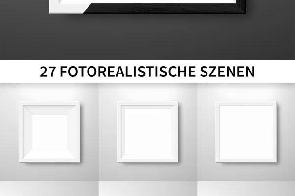 Bilderrahmen in Schwarz und Weiß für Hochformat, Querformat und Quadratformat, die in den Mockups zur Verfügung stehen