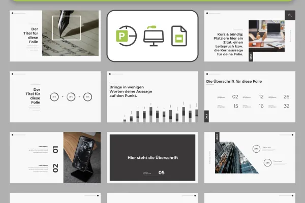 Vorschau auf eine Auswahl an Folien-Vorlagen für Präsentationen in Keynote, PPT und Google Slides