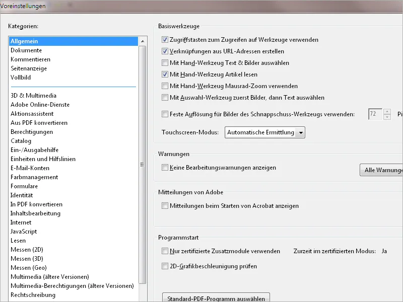 Die Voreinstellungen von Acrobat