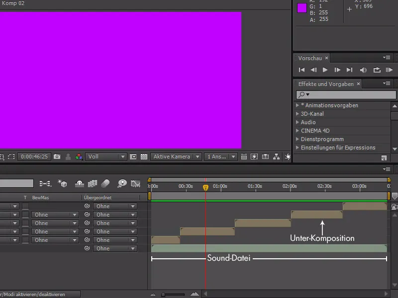 Sfaturi și trucuri pentru animație în After Effects: Audio în subcompuneri.